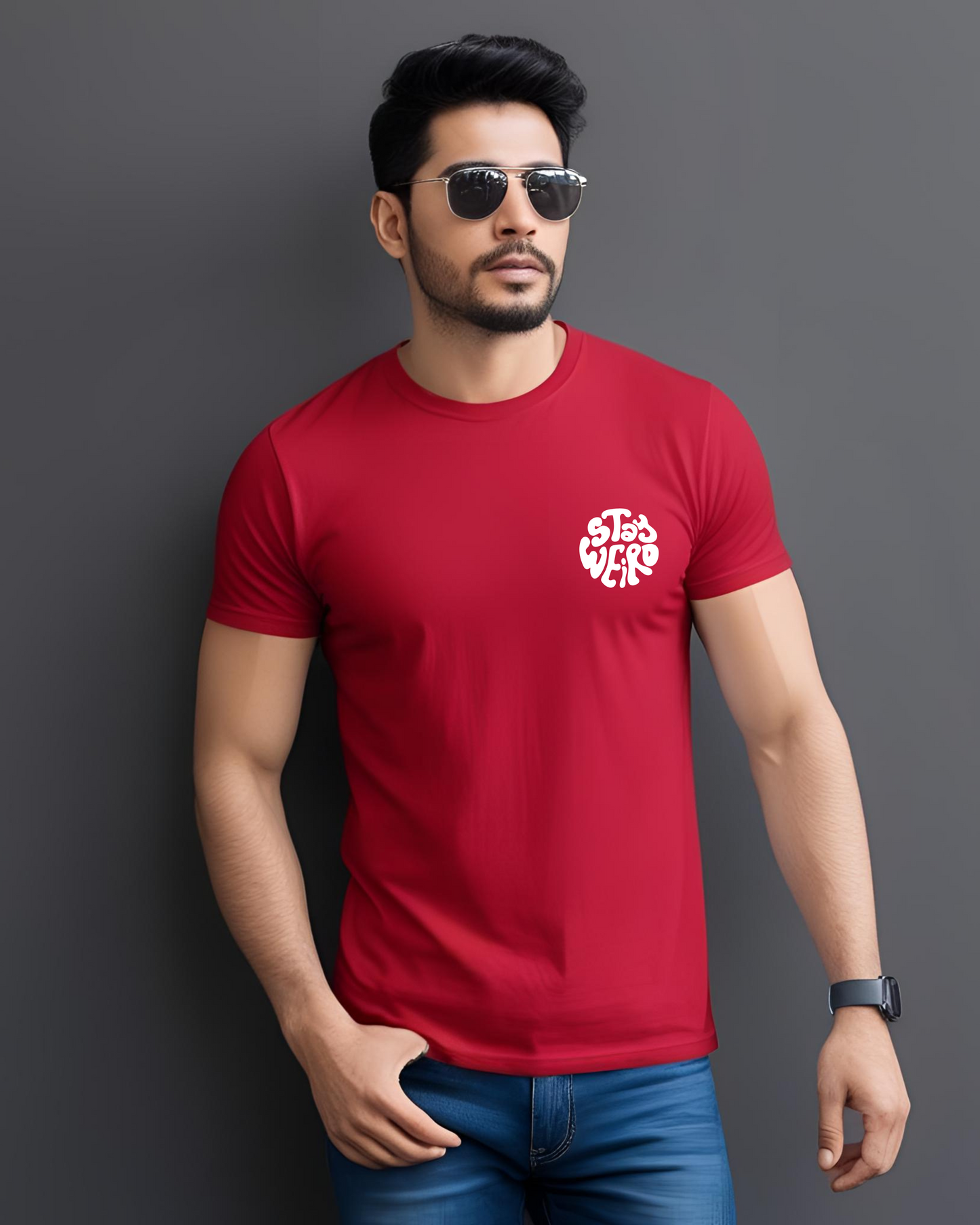 Infuzed Men's Stay Weird Red Oversized Printed Tshirt
