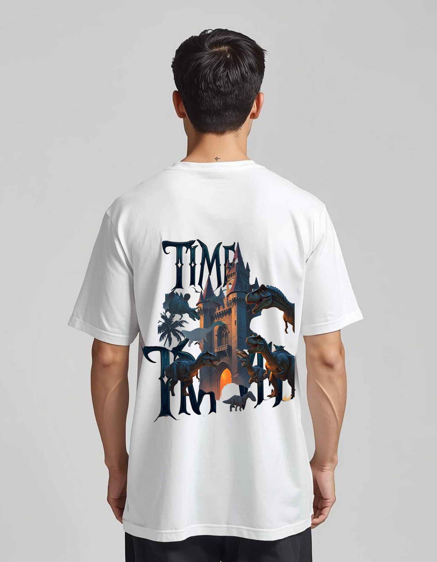"Time Travel" Dinosaur Castle Oversized Graphic Tee – Optic White
