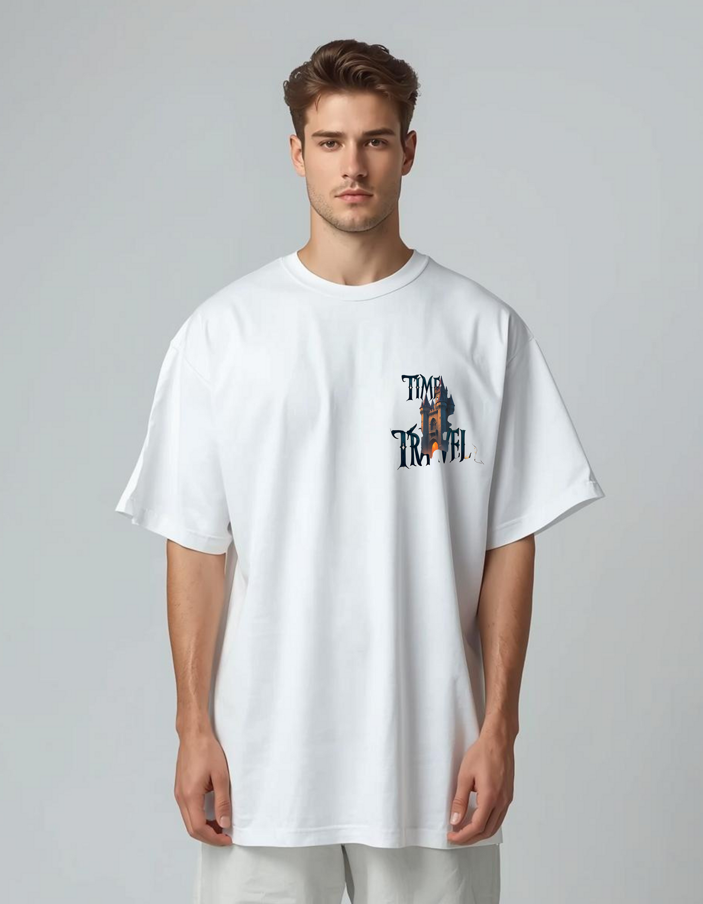 "Time Travel" Dinosaur Castle Oversized Graphic Tee – Optic White