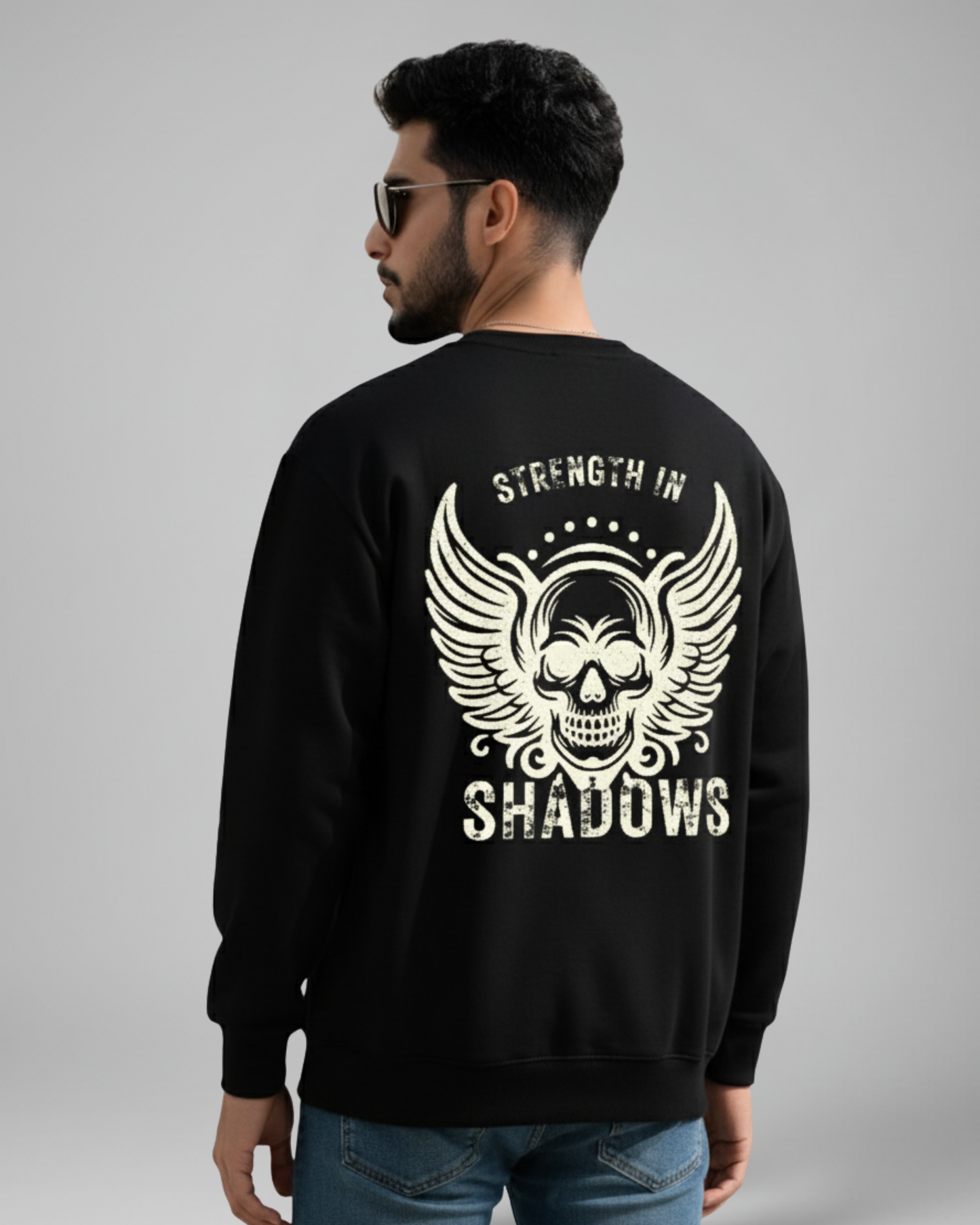 Strength in Shadows Black Skull Sweatshirt | Edgy Gothic Crewneck Pullover