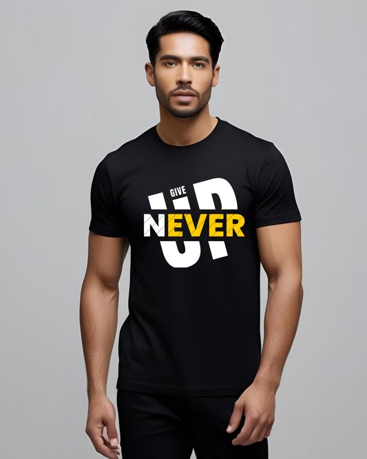 Men's "Never Give Up" Black Motivational T-Shirt