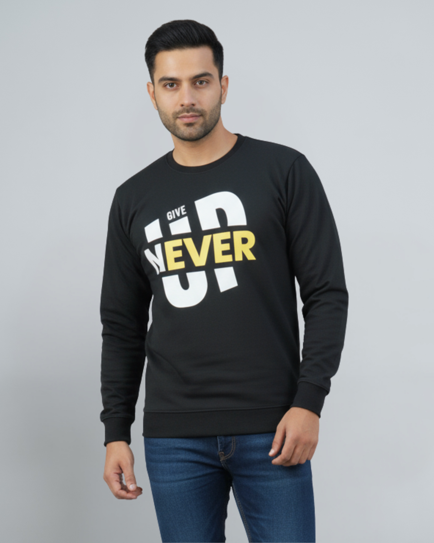 "Never Give Up" Black Sweatshirt | Motivational Unisex Crewneck Pullover