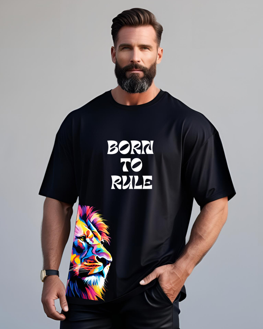 Men's Black Born to Rule Oversized T-Shirt with Majestic Lion Print
