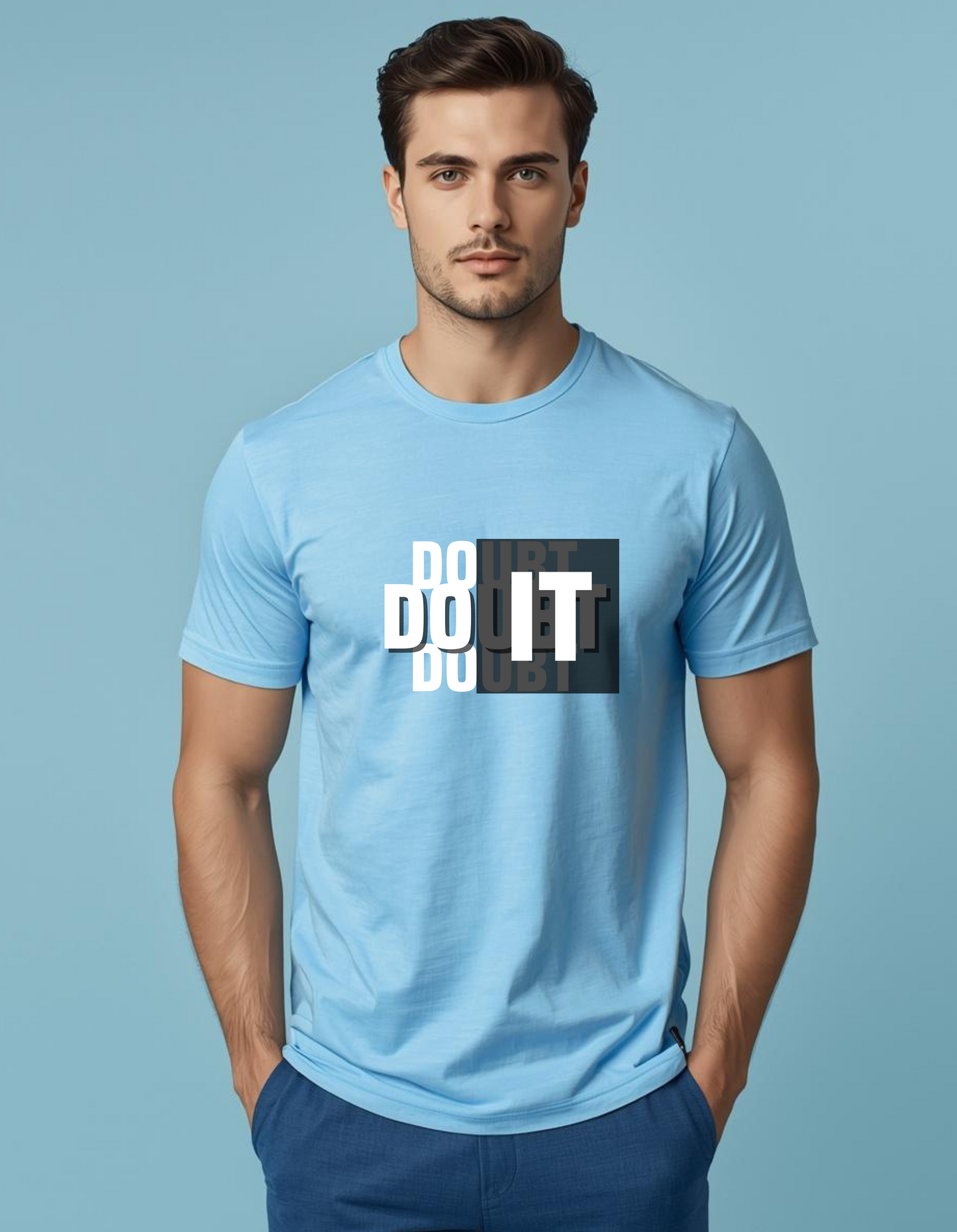 Men’s Light Blue Graphic T-Shirt – “DOUBT” Typography Print – Soft Cotton Casual Tee