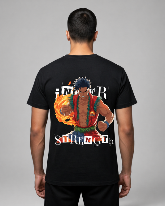 Inner Strength Anime Fighter Graphic Oversized T-Shirt – Bold Streetwear Gym Tee for Men