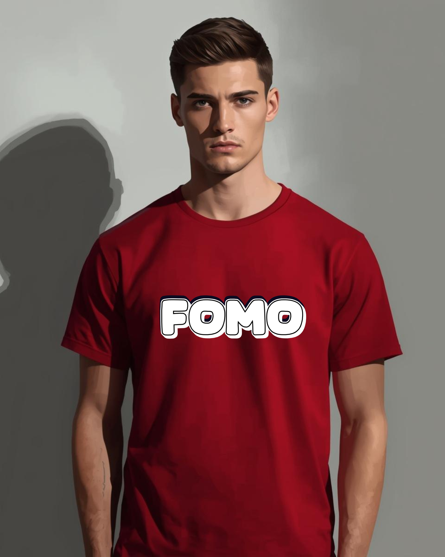 FOMO Graphic T-Shirt for Men – Bold Typography Tee, Red Casual Streetwear, Premium Cotton Crew Neck