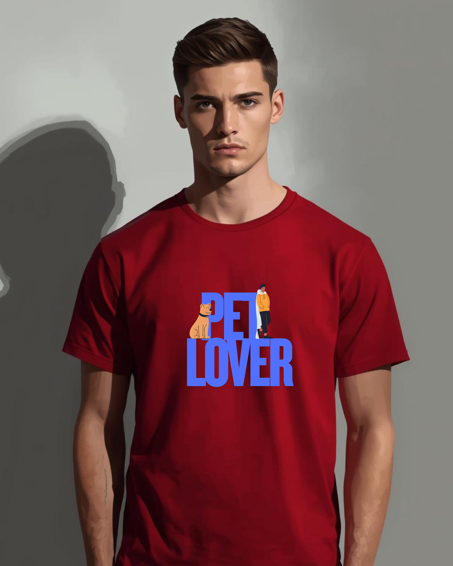 Pet Lover Graphic T-Shirt for Men – Red Cotton Tee with Dog Illustration | Cute Animal Lover Streetwear