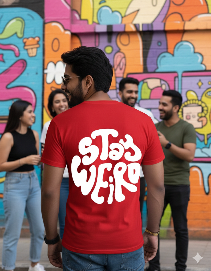 Infuzed Men's Stay Weird Red Oversized Printed Tshirt