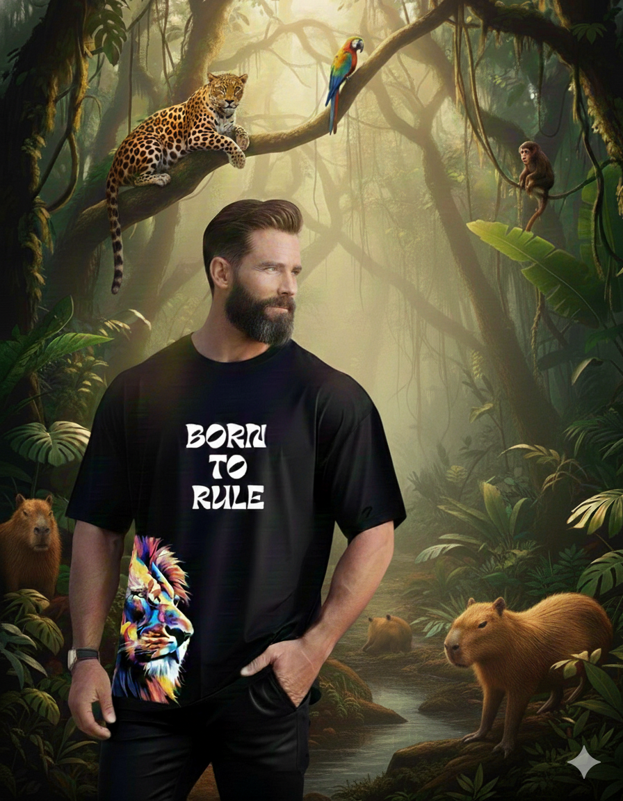 Men's Black Born to Rule Oversized T-Shirt with Majestic Lion Print