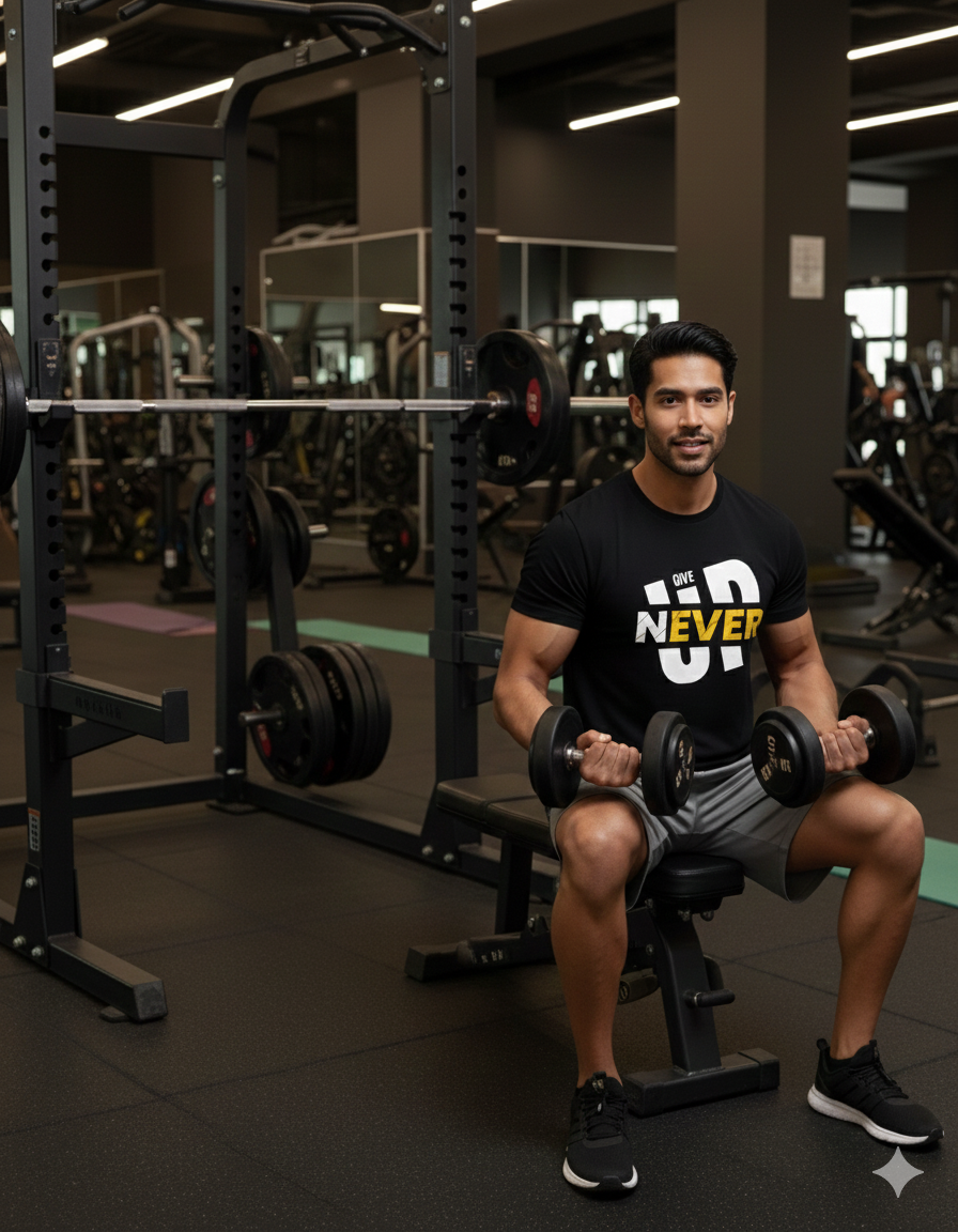 Men's "Never Give Up" Black Motivational T-Shirt