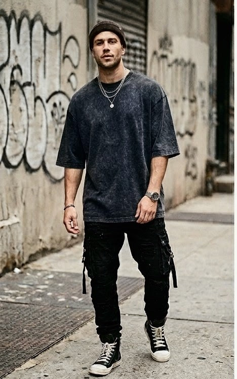 Men's BLACK OVER SIZE ACID WASH T-SHIRT