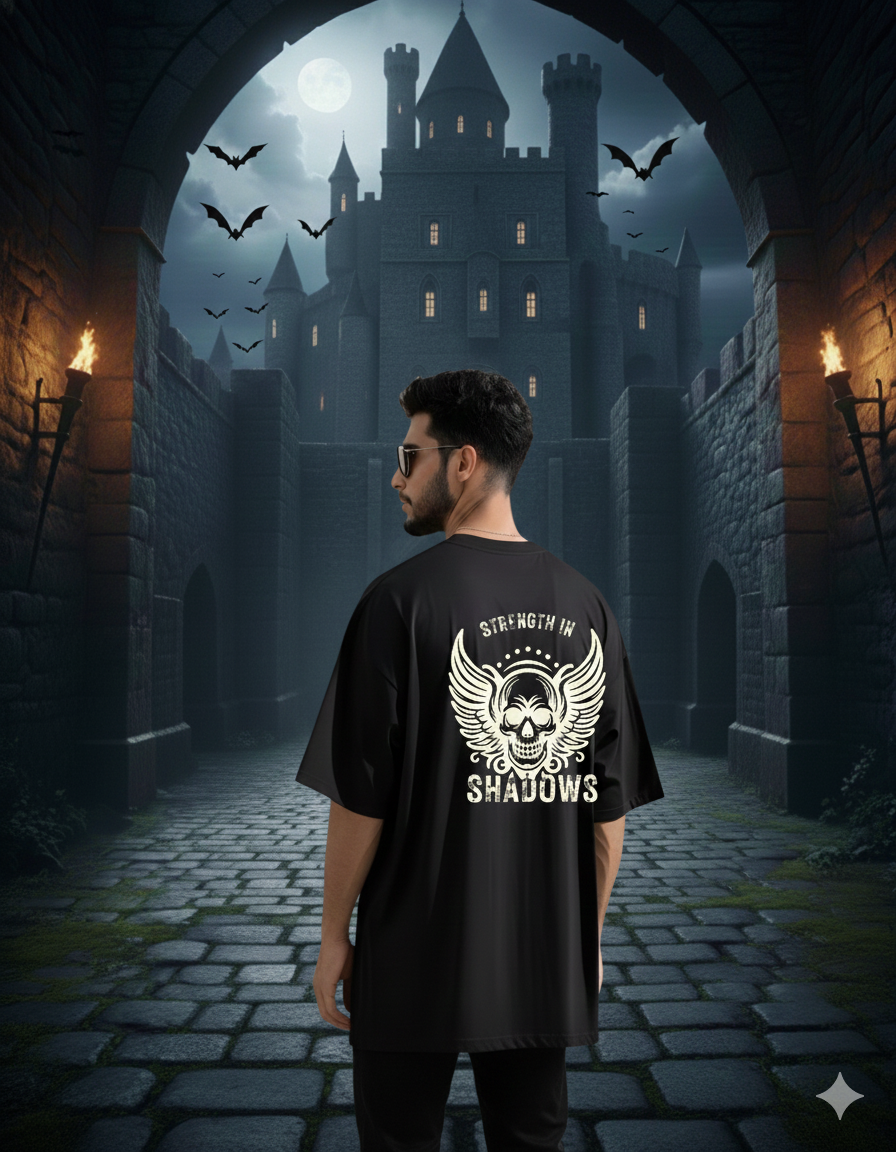 Men’s "Strength in Shadows" Skull Oversized T-Shirt – Power Through the Dark