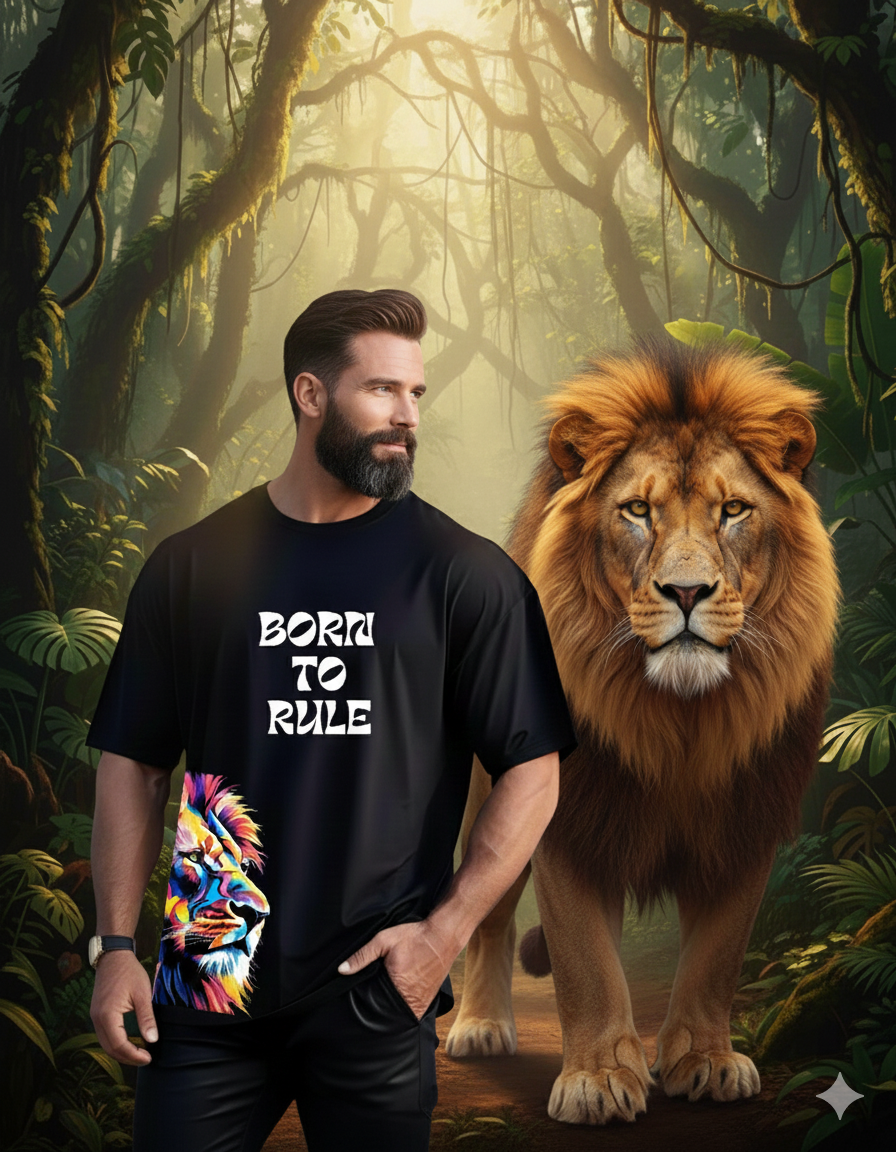 Men's Black Born to Rule Oversized T-Shirt with Majestic Lion Print