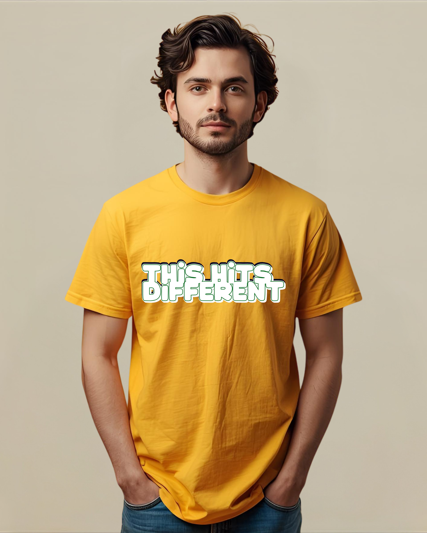“This Hits Different” Graphic T-Shirt for Men – Premium Green Cotton Streetwear Tee | Bold Typography Casual Wear