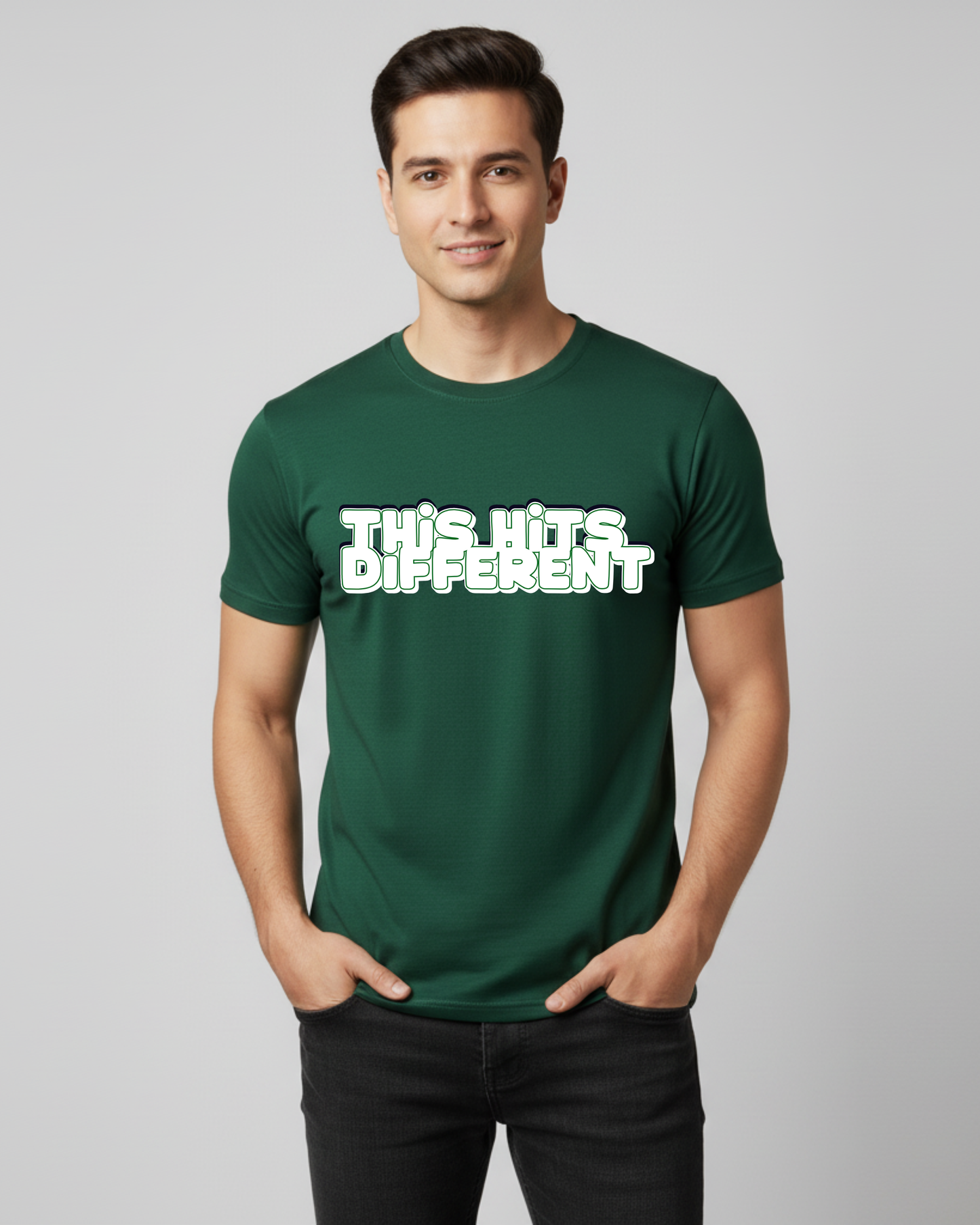 “This Hits Different” Graphic T-Shirt for Men – Premium Green Cotton Streetwear Tee | Bold Typography Casual Wear