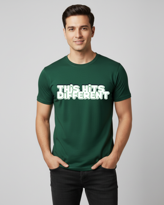 “This Hits Different” Graphic T-Shirt for Men – Premium Green Cotton Streetwear Tee | Bold Typography Casual Wear